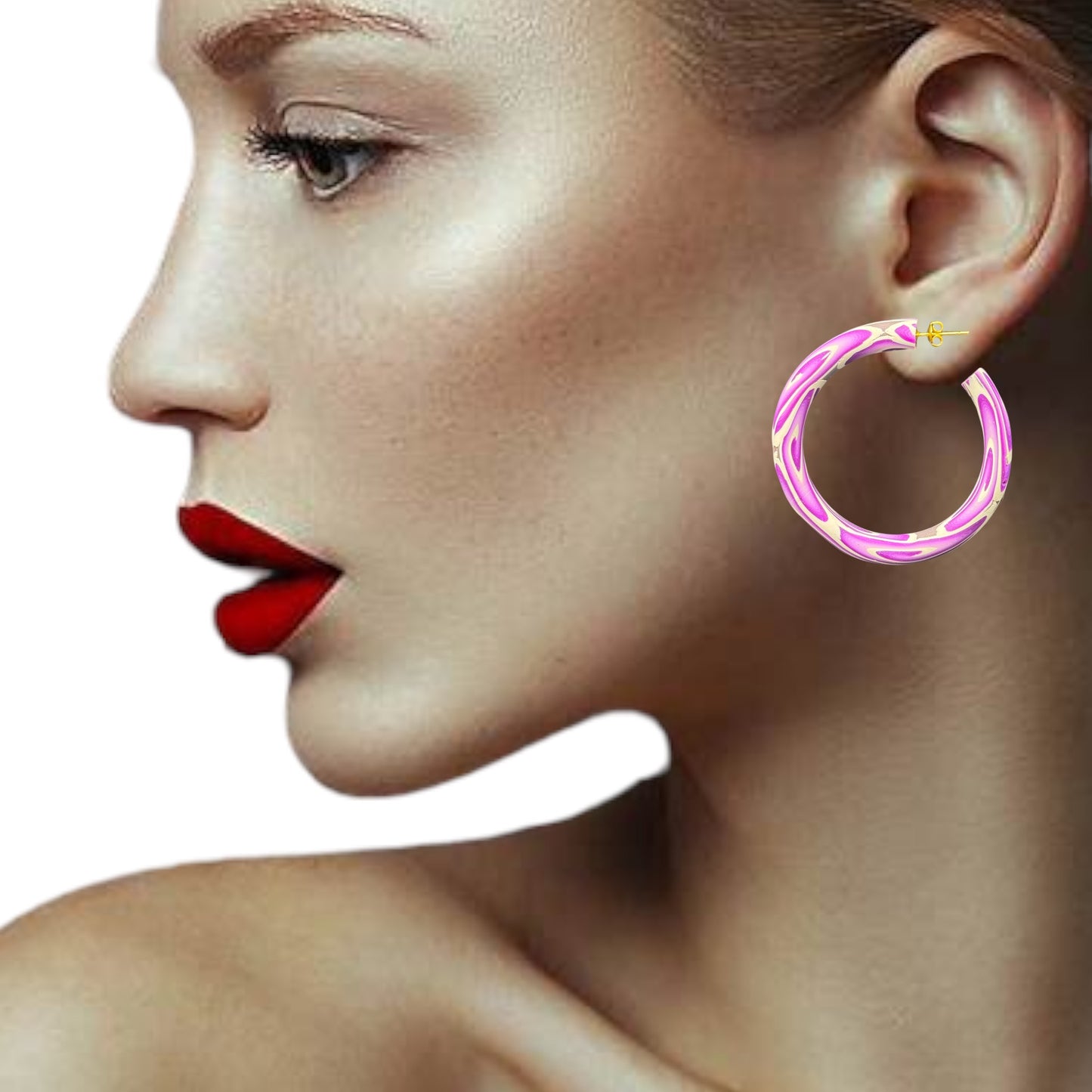 Fuschia and white Hoop Earrings